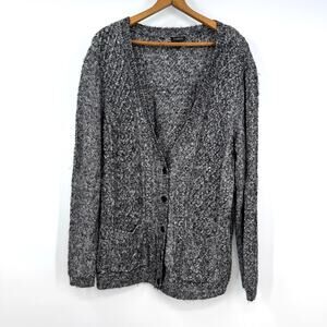 Talbots Cable Knit Fisherman Cardigan Sweater XL Black White Chunky Casual